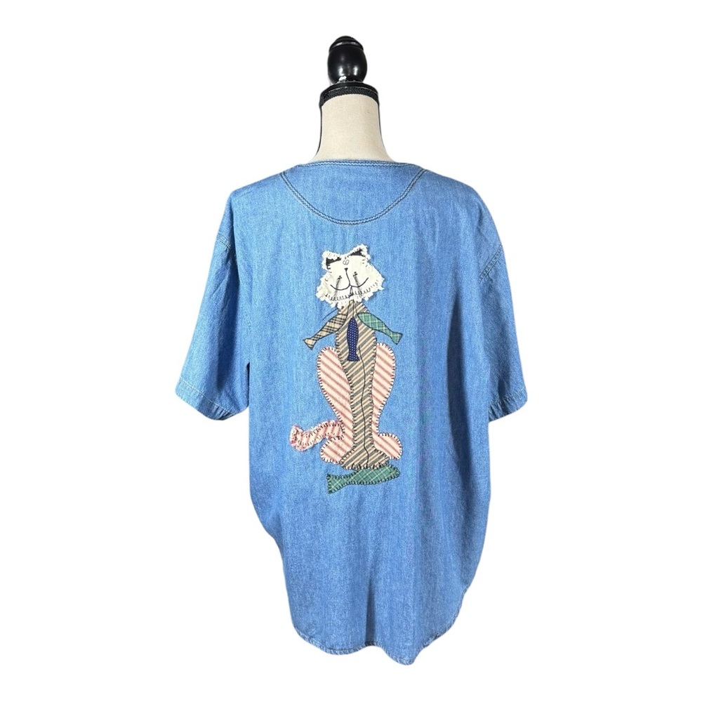 Vintage Chambray Denim Stampede Cat Patchwork Embroidered Button Up Shirt - Picture 3 of 4
